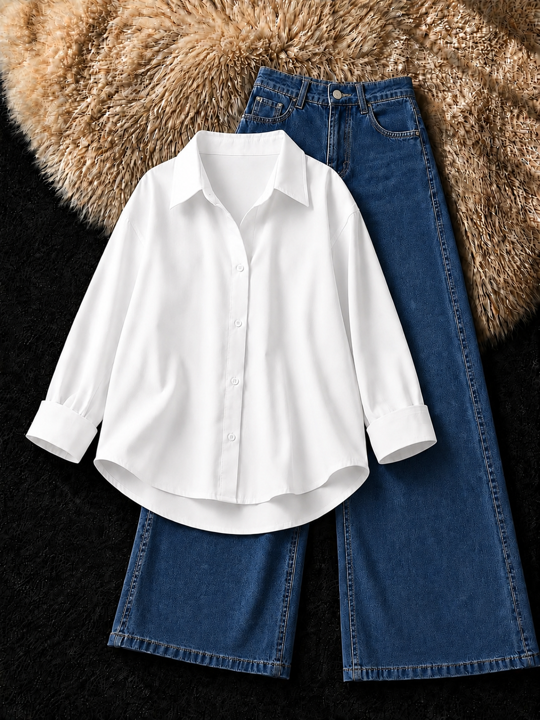 WHITE BUTTON DOWN SHIRT & DARK BLUE WIDE LEG JEANS