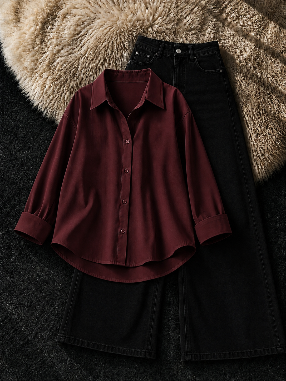 MAROON BUTTON DOWN SHIRT & BLACK WIDE LEG JEANS