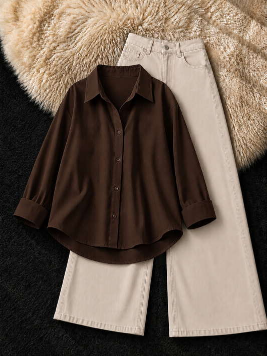 BROWN BUTTON DOWN SHIRT & BEIGE WIDE LEG JEANS