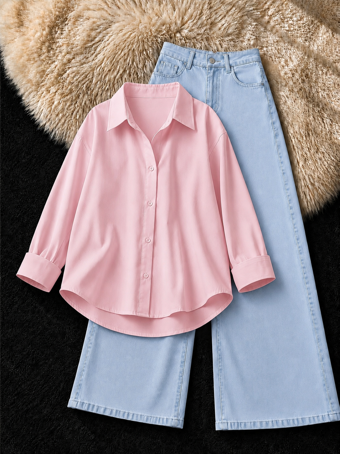 BABY PINK BUTTON DOWN SHIRT & ICE-BLUE WIDE LEG JEANS