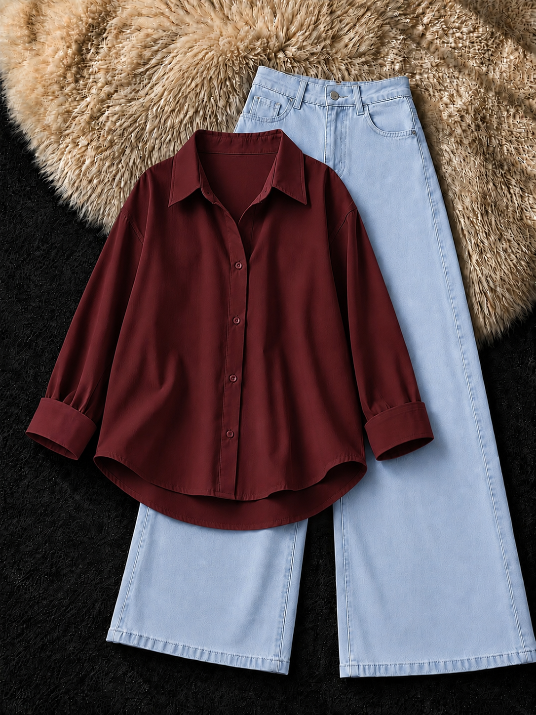 MAROON BUTTON DOWN SHIRT & ICE -BLUE WIDE LEG JEANS