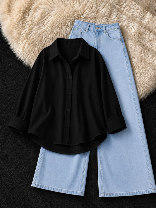 BLACK BUTTON DOWN SHIRT & ICE-BLUE WIDE LEG JEANS