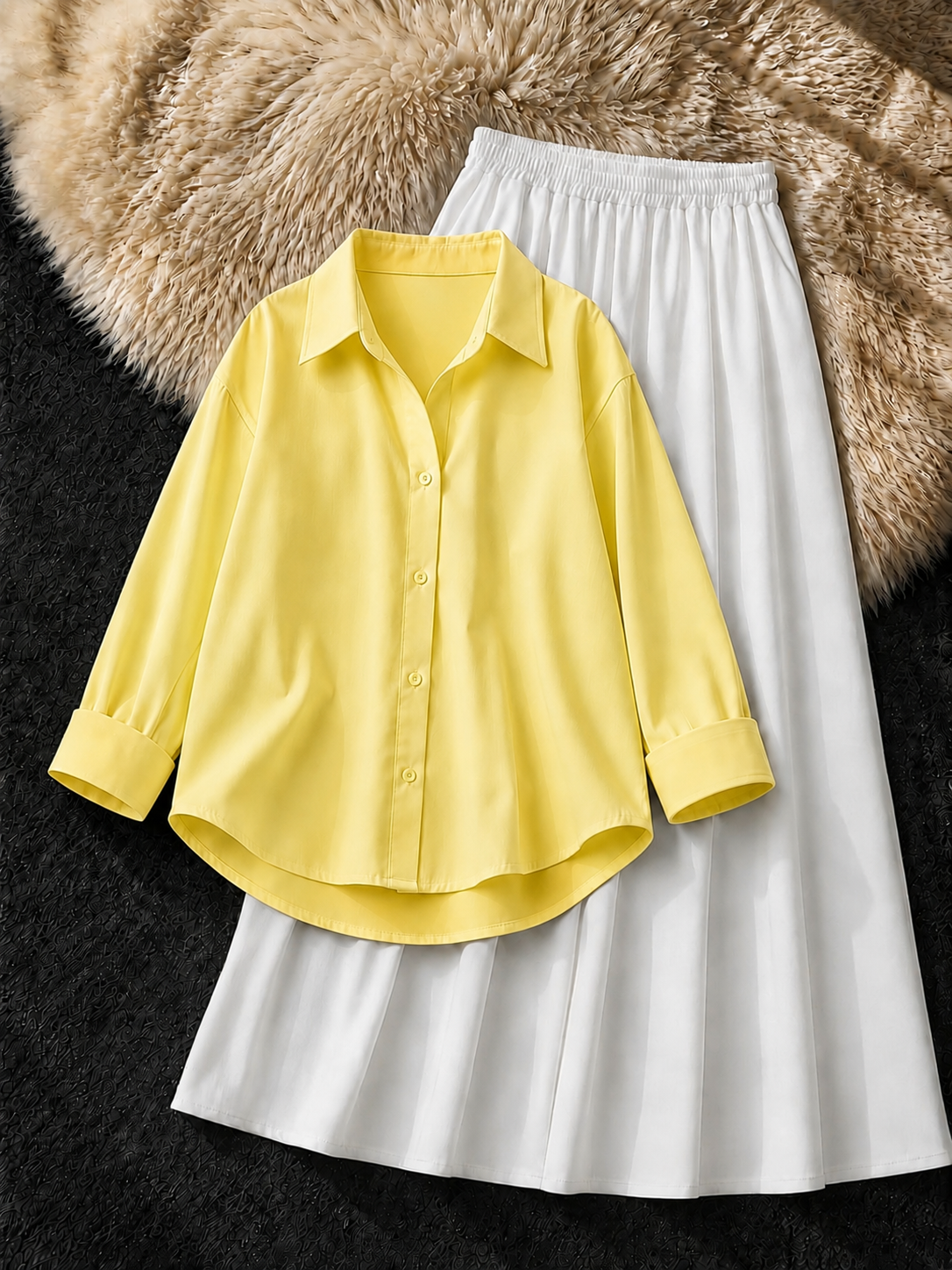 LEMON YELLOW BUTTON DOWN SHIRT & WHITE FLOWY MAXI SKIRT