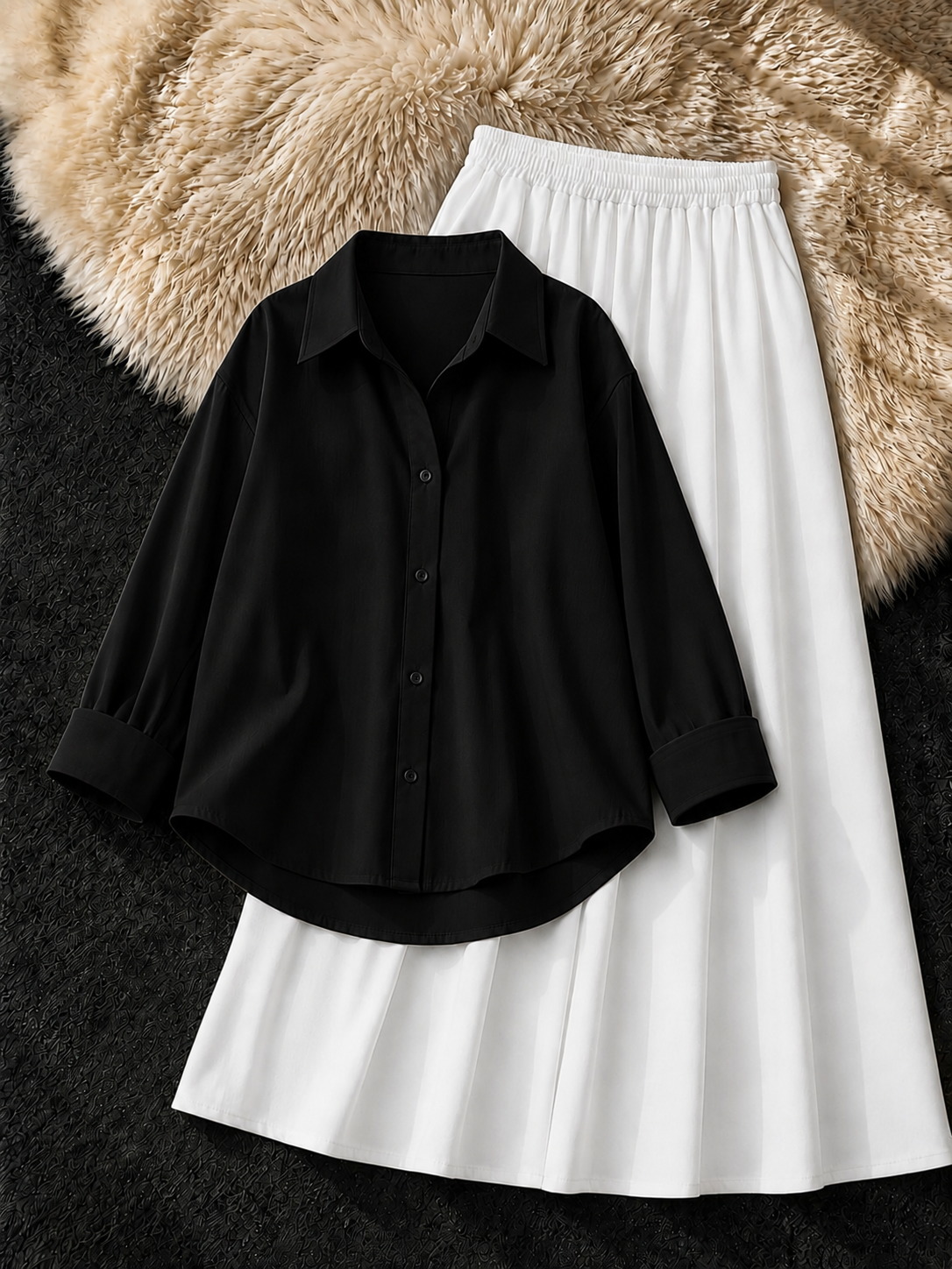 BLACK BUTTON DOWN SHIRT & WHITE FLOWY MAXI SKIRT