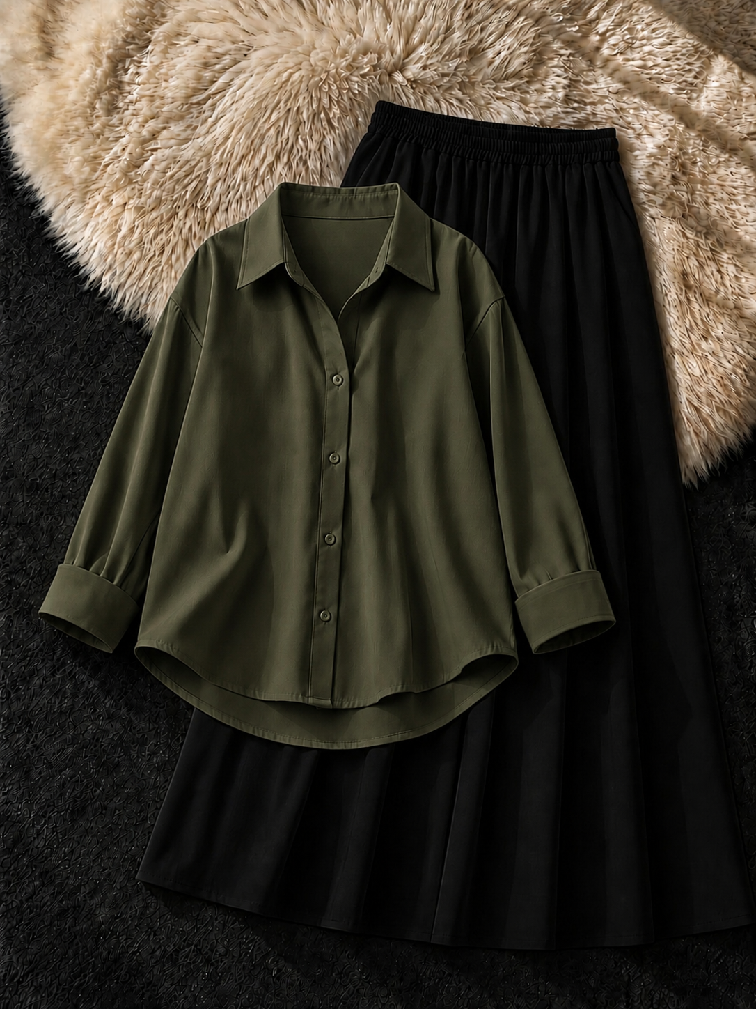 OLIVE GREEN BUTTON DOWN SHIRT & BLACK FLOWY MAXI SKIRT