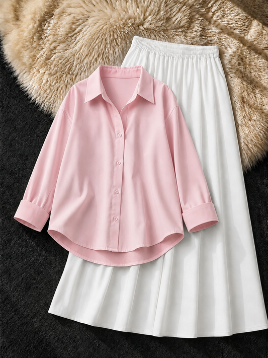 BABY PINK BUTTON DOWN SHIRT & WHITE FLOWY MAXI SKIRT