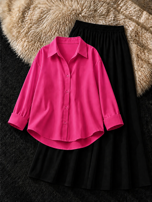 HOT PINK BUTTON DOWN SHIRT & BLACK FLOWY MAXI SKIRT