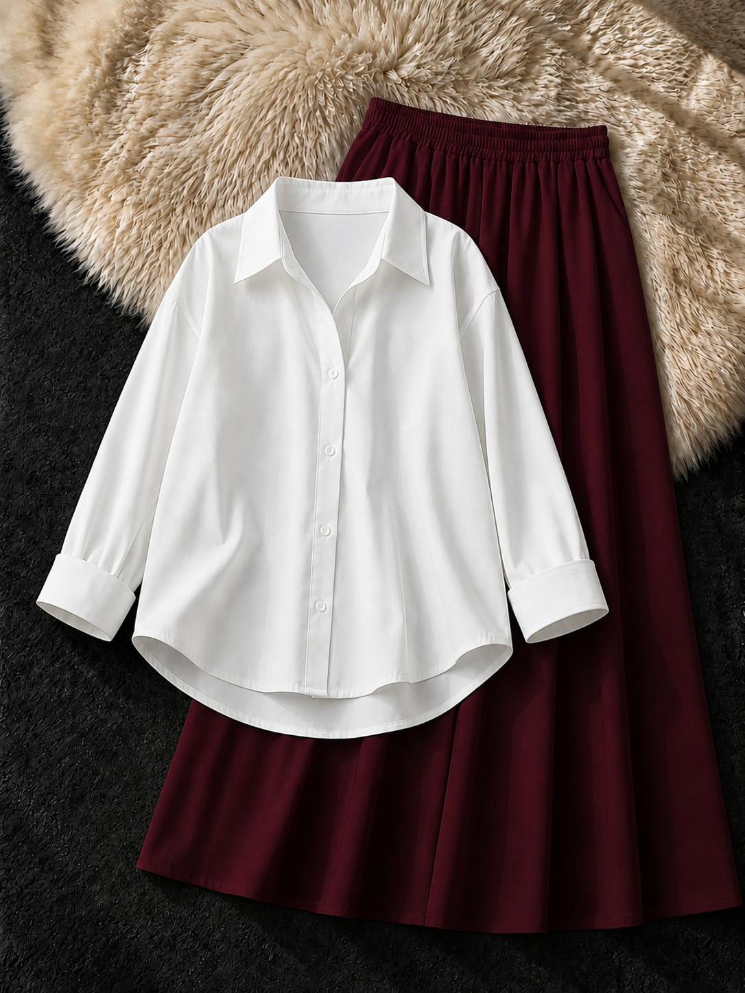 WHITE BUTTON DOWN SHIRT & MAROON FLOWY MAXI SKIRT