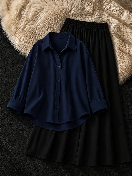 NAVY BLUE BUTTON DOWN SHIRT & BLACK FLOWY MAXI SKIRT