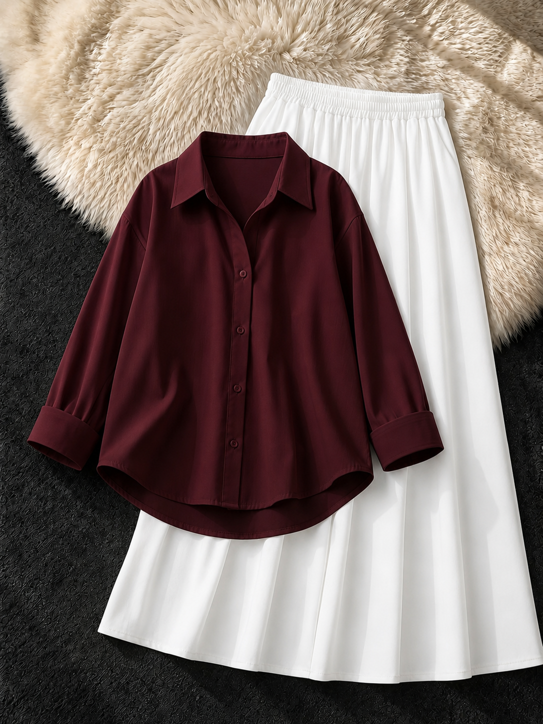MAROON BUTTON DOWN SHIRT & WHITE FLOWY MAXI SKIRT
