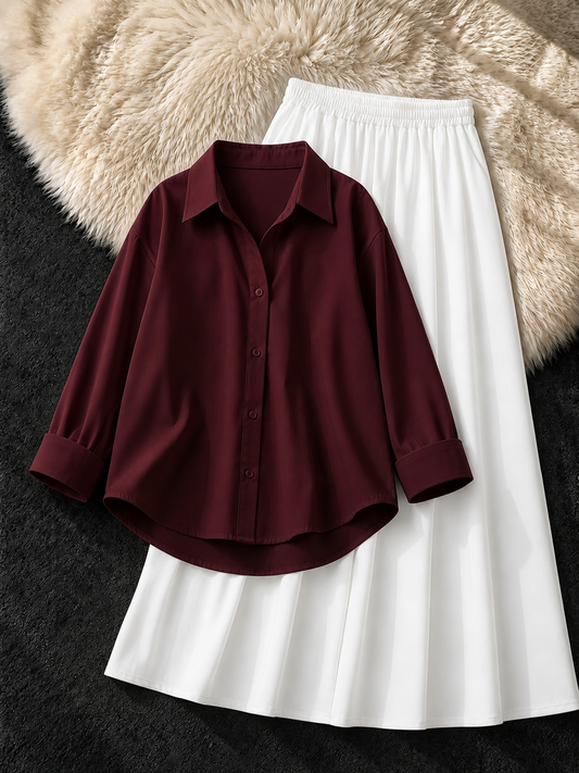 MAROON BUTTON DOWN SHIRT & WHITE FLOWY MAXI SKIRT