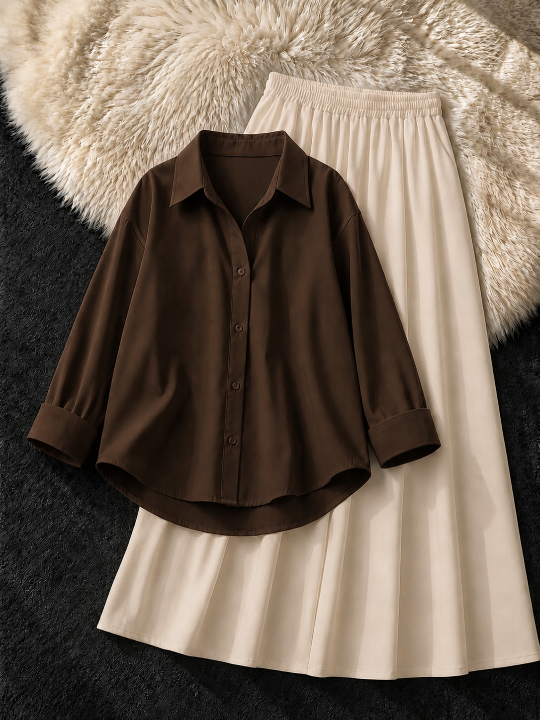 BROWN BUTTON DOWN SHIRT & BEIGE FLOWY MAXI SKIRT