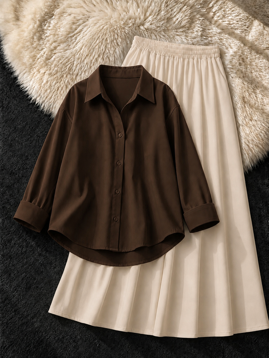 BROWN BUTTON DOWN SHIRT & BEIGE FLOWY MAXI SKIRT