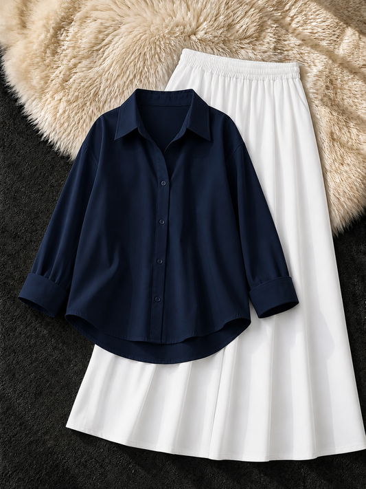 NAVY BLUE BUTTON DOWN SHIRT & WHITE FLOWY MAXI SKIRT
