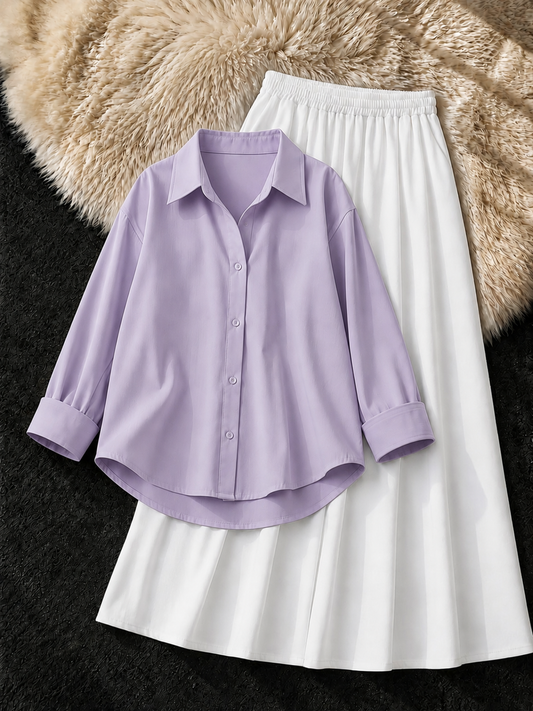 LILAC BUTTON DOWN SHIRT & WHITE FLOWY MAXI SKIRT