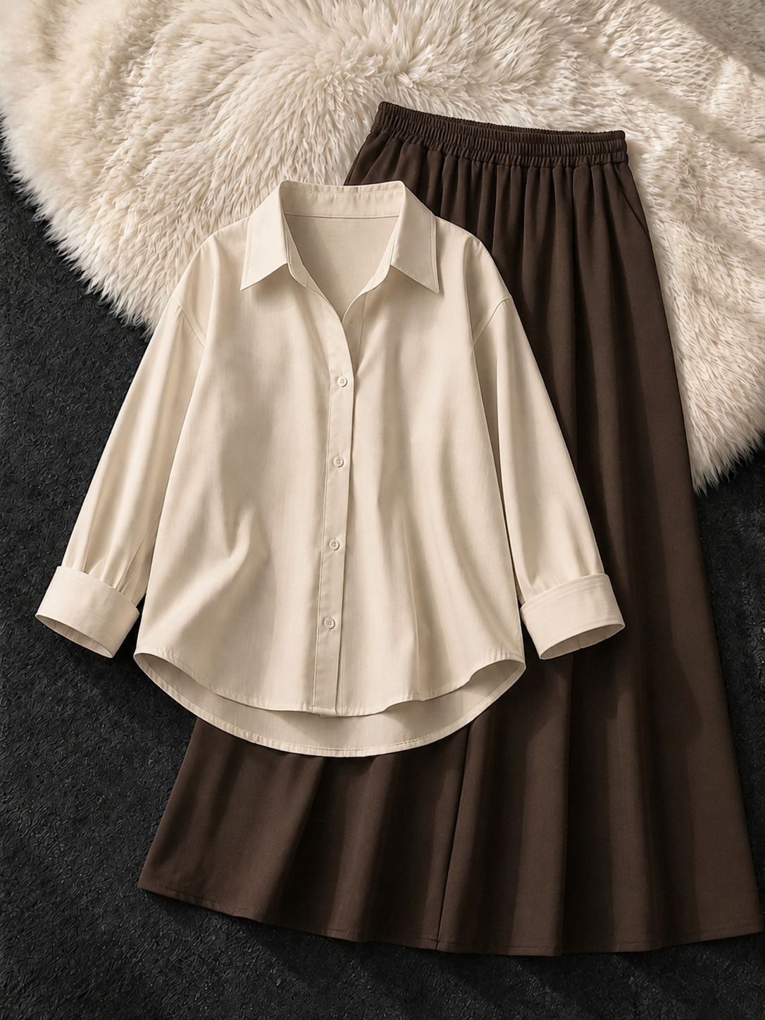 BEIGE BUTTON DOWN SHIRT & BROWN FLOWY MAXI SKIRT