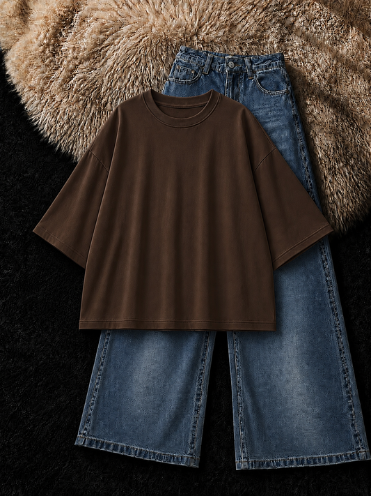 BROWN DROP SHOULDER T-SHIRT & FADED MID BLUE  VINTAGE WIDE LEG JEANS