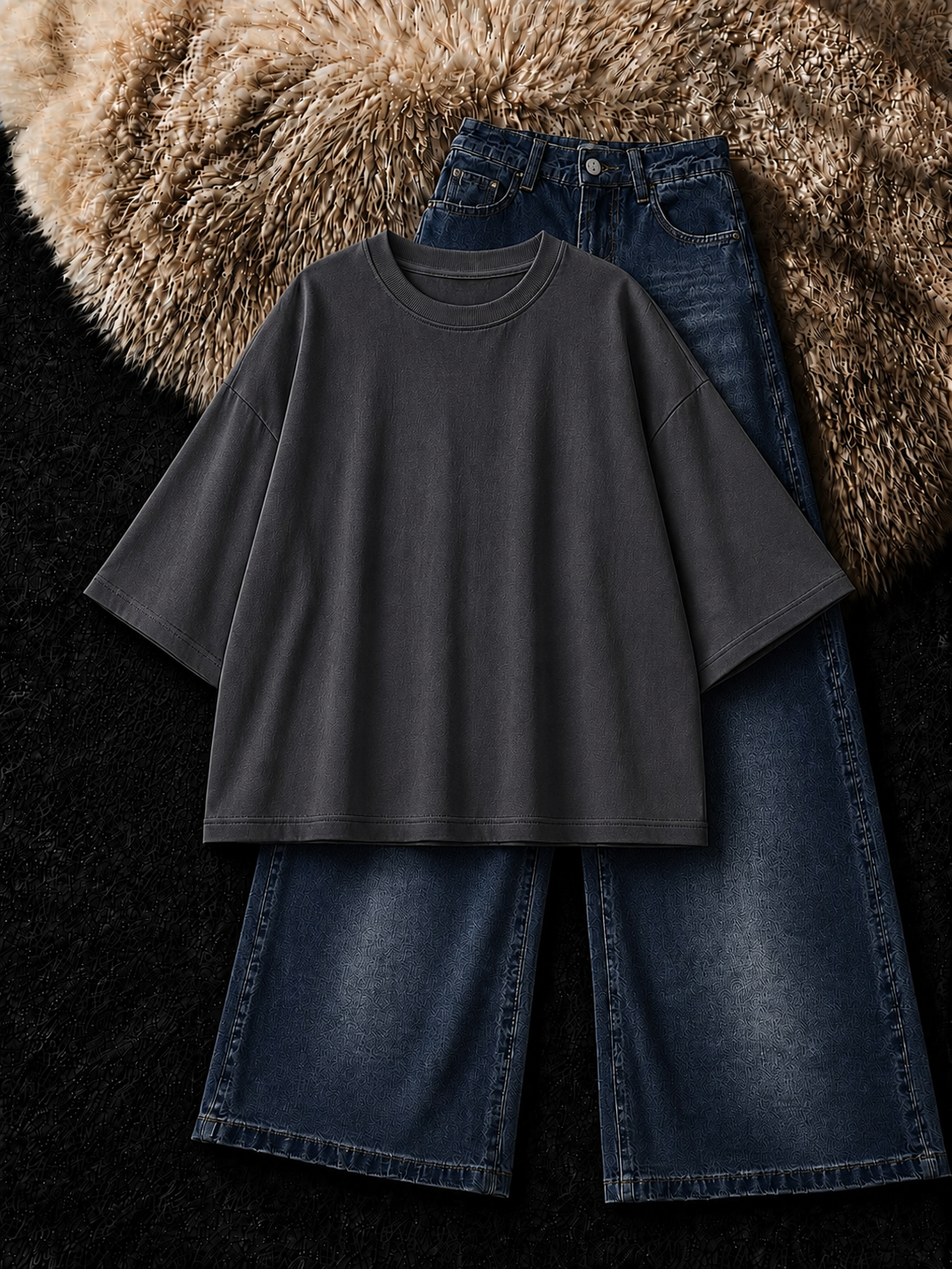CHARCOAL GREY DROP SHOULDER T-SHIRT & FADED DARK MID BLUE VINTAGE WIDE LEG JEANS