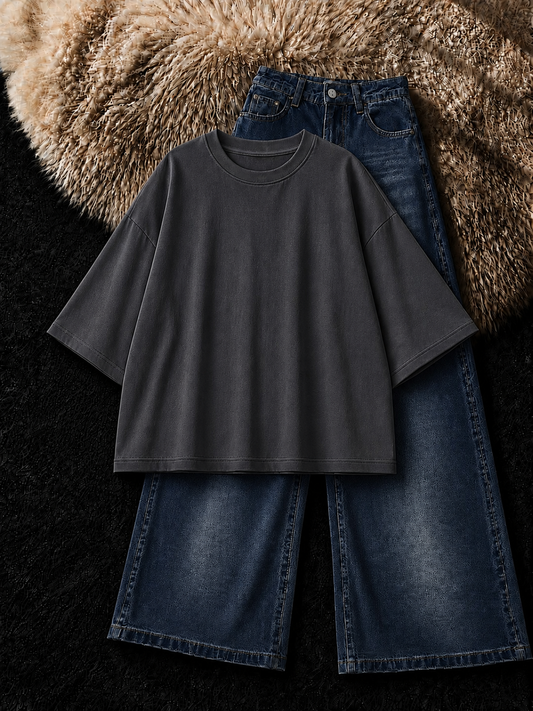 CHARCOAL GREY DROP SHOULDER T-SHIRT & FADED DARK MID BLUE VINTAGE WIDE LEG JEANS