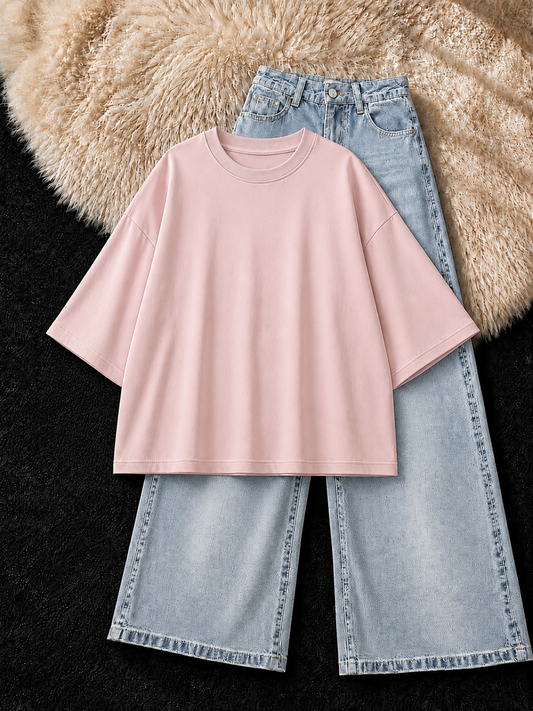 BABY PINK DROP SHOULDER T-SHIRT & FADED ICE-BLUE  VINTAGE WIDE LEG JEANS
