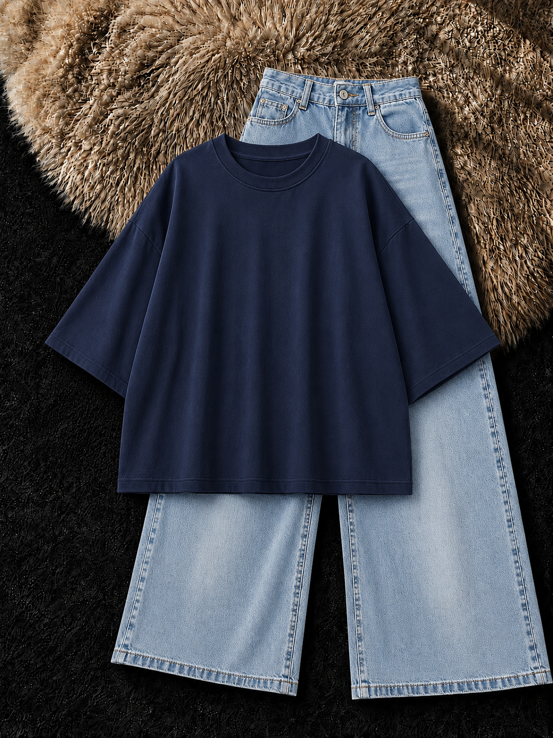 NAVY BLUE DROP SHOULDER T-SHIRT & FADED ICE-BLUE VINTAGE WIDE LEG JEANS