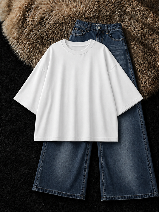WHITE DROP SHOULDER T-SHIRT & FADED MID BLUE VINTAGE WIDE LEG JEANS
