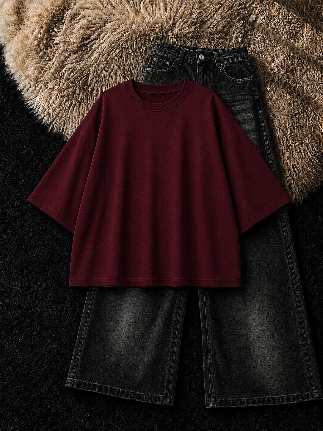 MAROON DROP SHOULDER T-SHIRT & FADED BLACK VINTAGE WIDE LEG JEANS