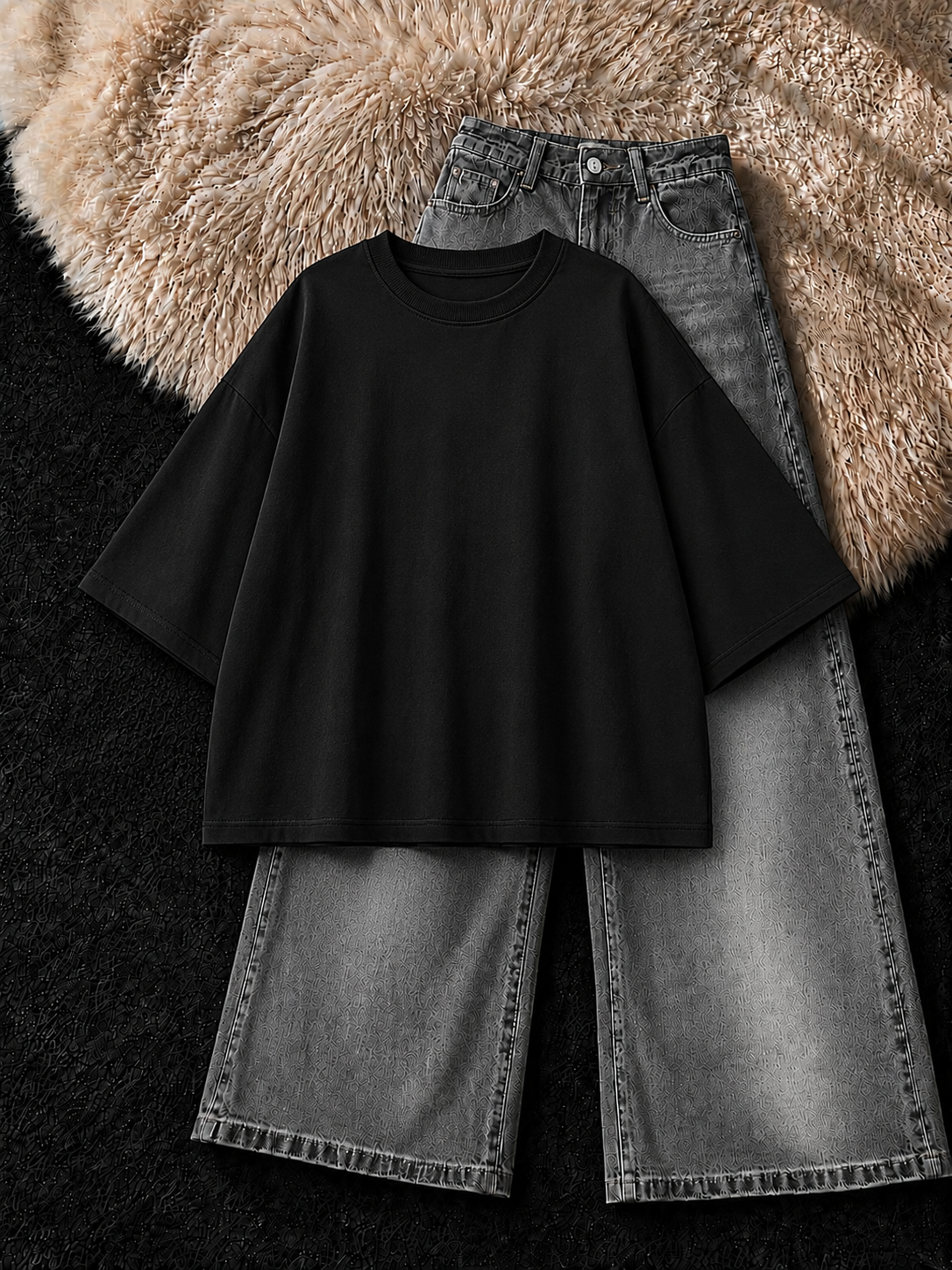 BLACK DROP SHOULDER T-SHIRT & FADED GREY VINTAGE WIDE LEG JEANS