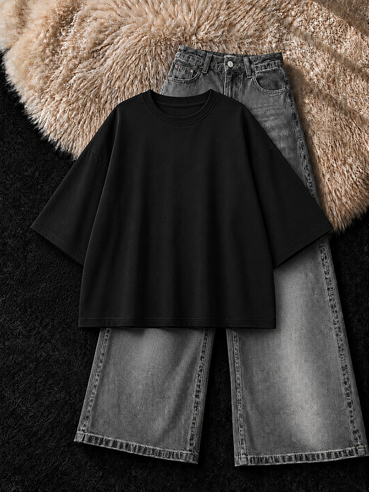 BLACK DROP SHOULDER T-SHIRT & FADED GREY VINTAGE WIDE LEG JEANS