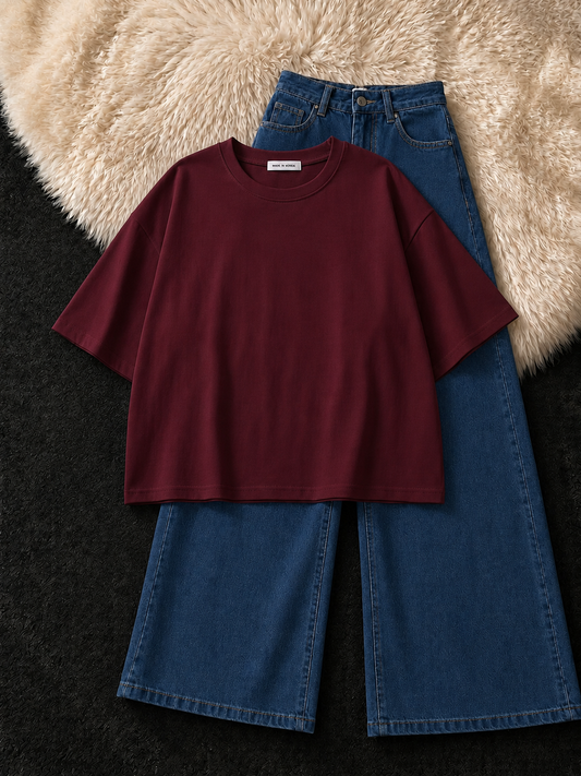 MAROON DROP SHOULDER T-SHIRT & DARK BLUE WIDE LEG JEANS