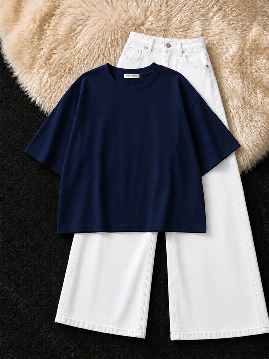 NAVY BLUE DROP SHOULDER T-SHIRT & WHITE WIDE LEG JEANS