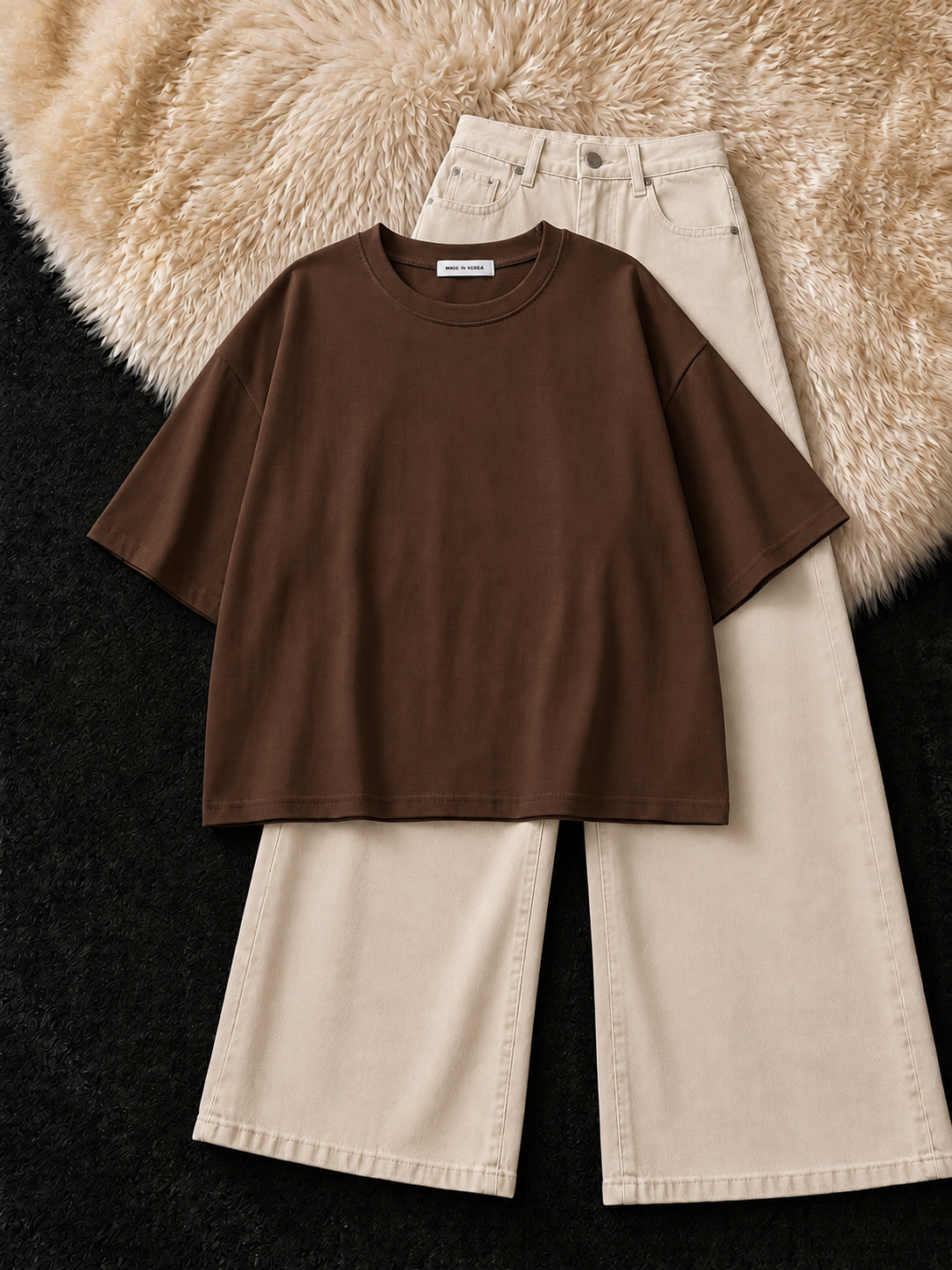 BROWN DROP SHOULDER T-SHIRT & BEIGE WIDE LEG JEANS