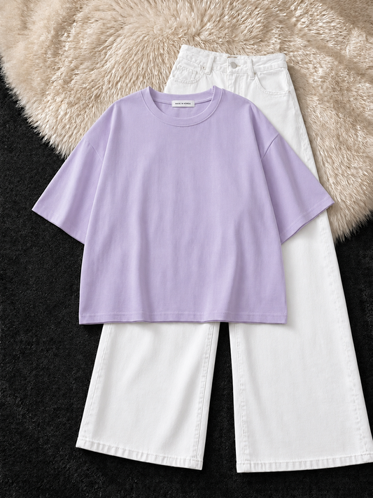 LILAC DROP SHOULDER T-SHIRT & WHITE WIDE LEG JEANS