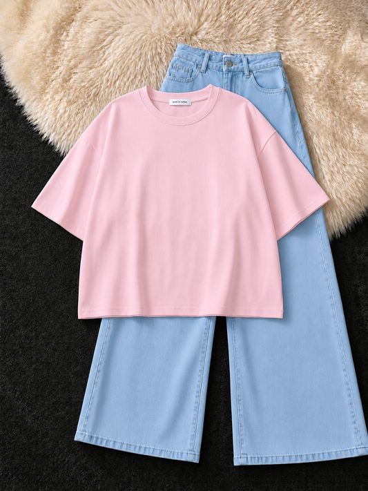 BABY PINK DROP SHOULDER T-SHIRT & SKY-BLUE WIDE LEG JEANS