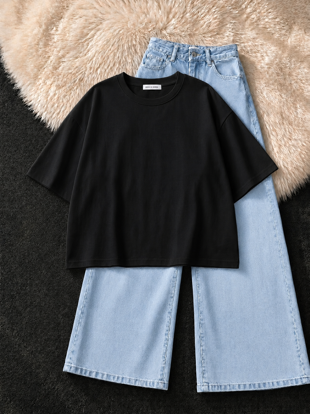 BLACK DROP SHOULDER T-SHIRT & ICE-BLUE WIDE LEG JEANS