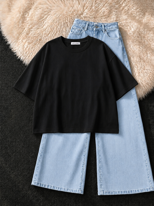BLACK DROP SHOULDER T-SHIRT & ICE-BLUE WIDE LEG JEANS