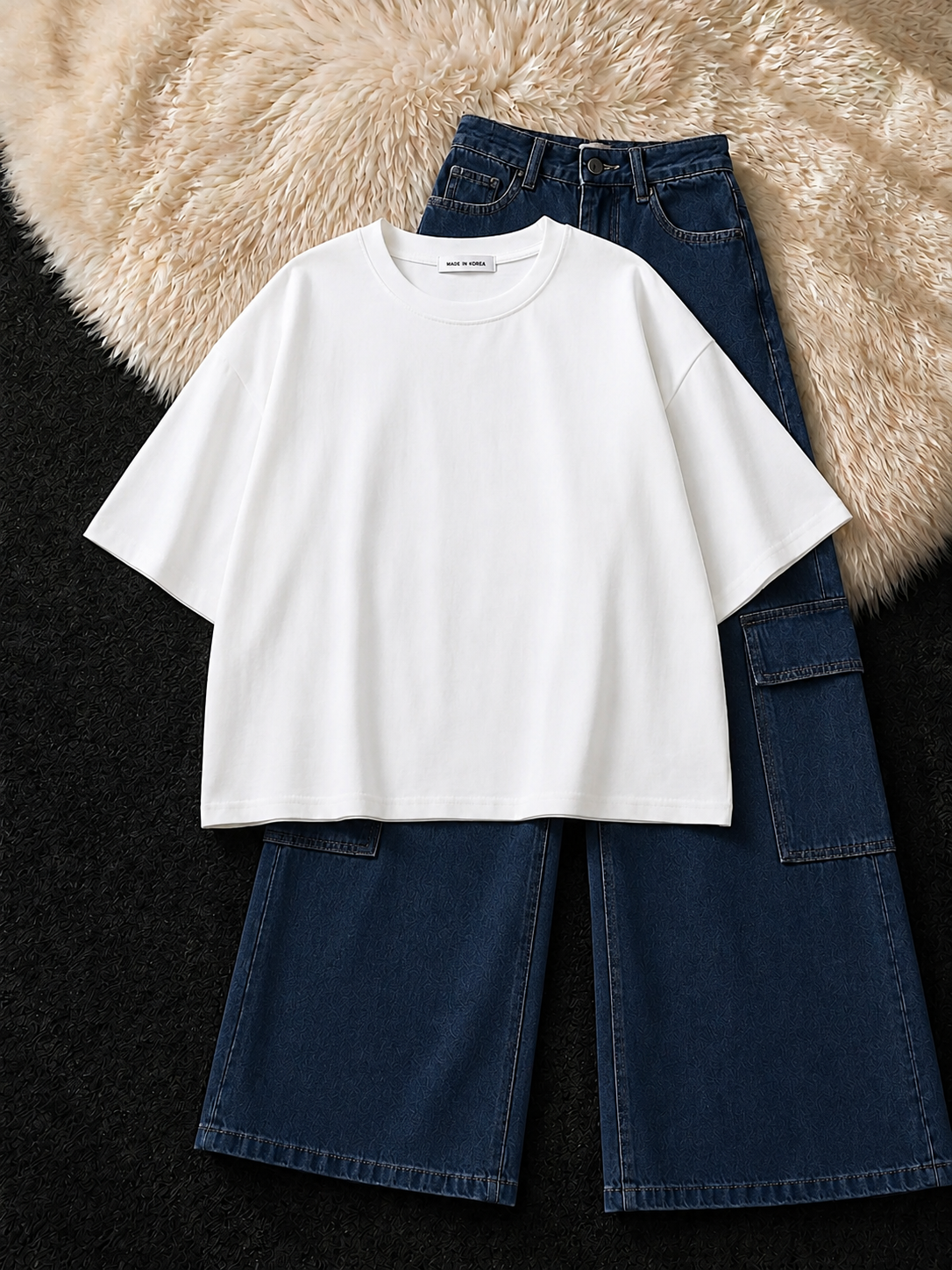 WHITE DROP SHOULDER T-SHIRT & DARK BLUE  CARGO JEANS