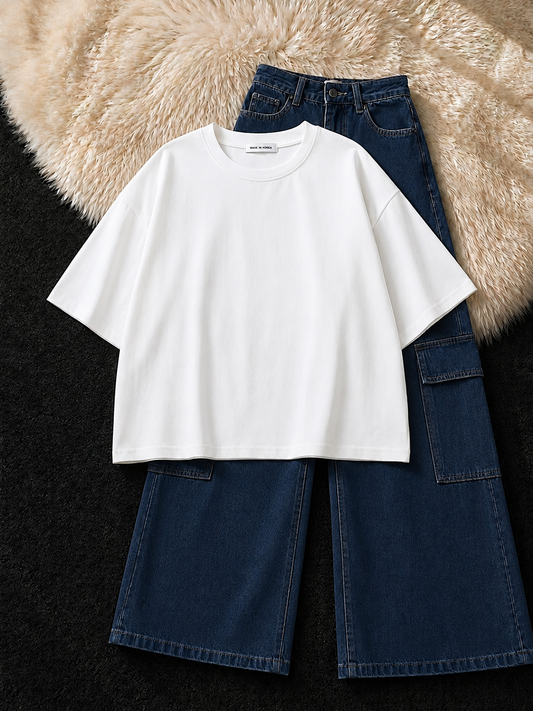 WHITE DROP SHOULDER T-SHIRT & DARK BLUE  CARGO JEANS