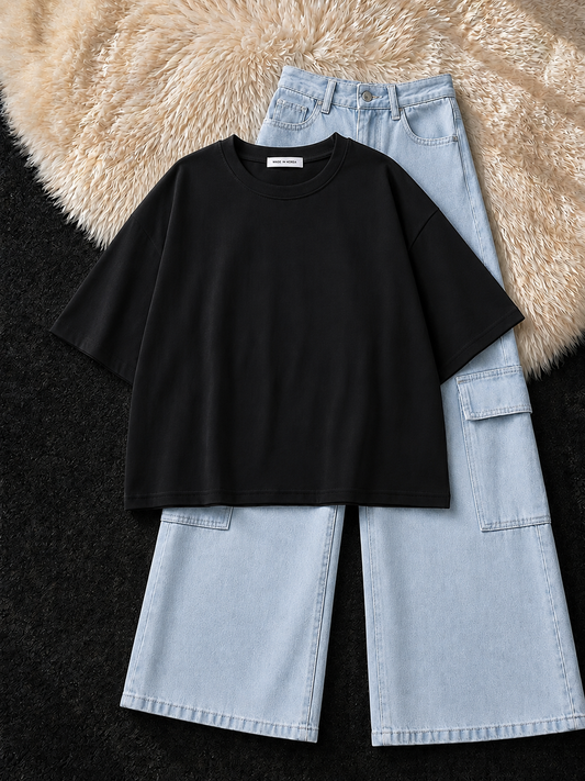 BLACK DROP SHOULDER T-SHIRT & ICE-BLUE CARGO JEANS