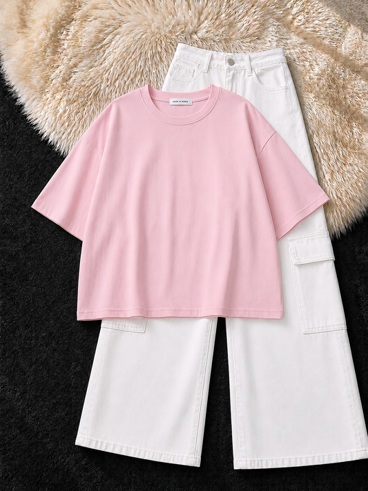 BABY PINK DROP SHOULDER T-SHIRT & WHITE CARGO JEANS