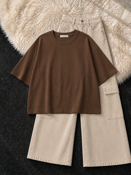 BROWN DROP SHOULDER T-SHIRT & BEIGE CARGO JEANS
