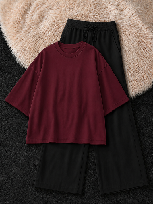 MAROON DROP SHOULDER T-SHIRT & BLACK FLAPPER TROUSER