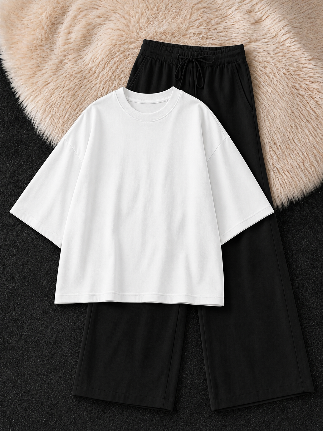 WHITE DROP SHOULDER T-SHIRT & BLACK FLAPPER TROUSER