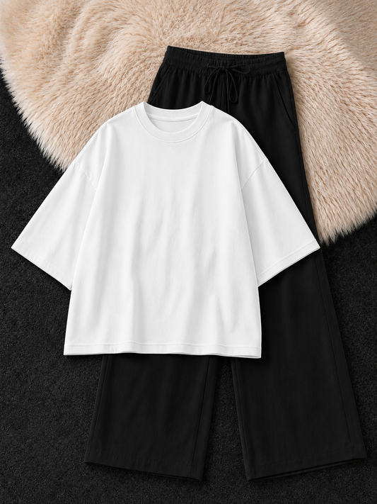 WHITE DROP SHOULDER T-SHIRT & BLACK FLAPPER TROUSER