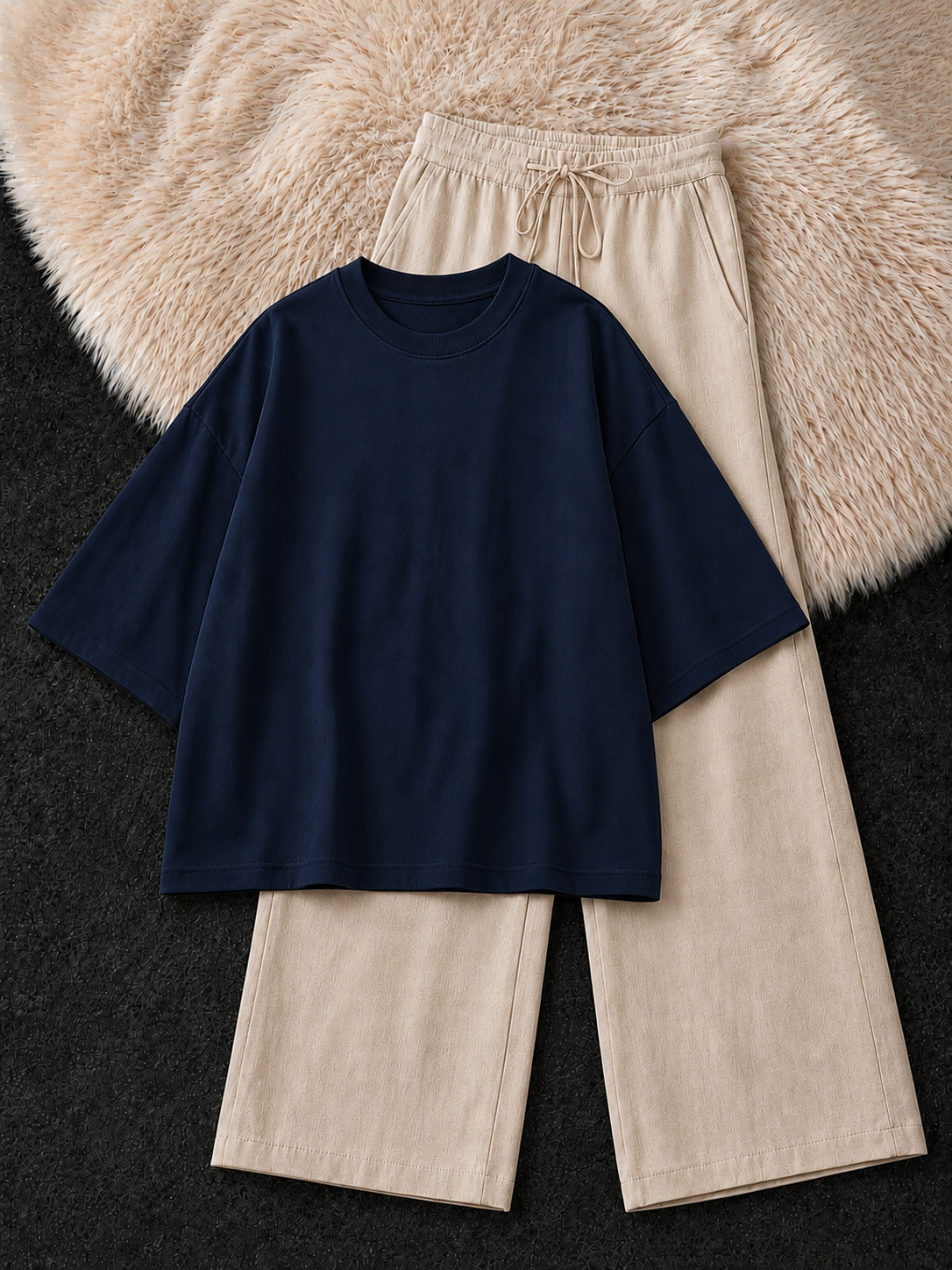 NAVY BLUE DROP SHOULDER T-SHIRT & BEIGE FLAPPER TROUSER