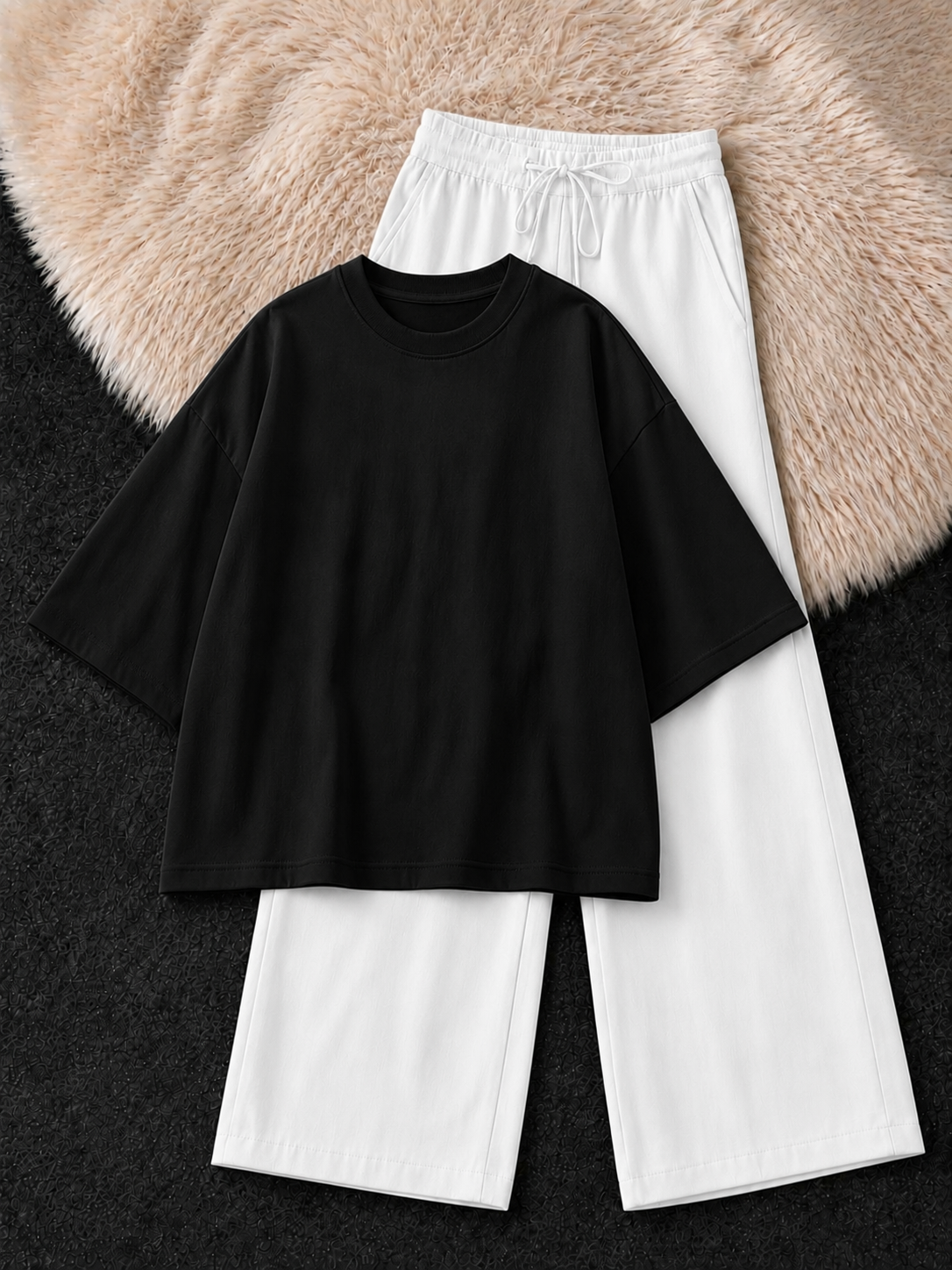 BLACK DROP SHOULDER T-SHIRT & WHITE FLAPPER TROUSER