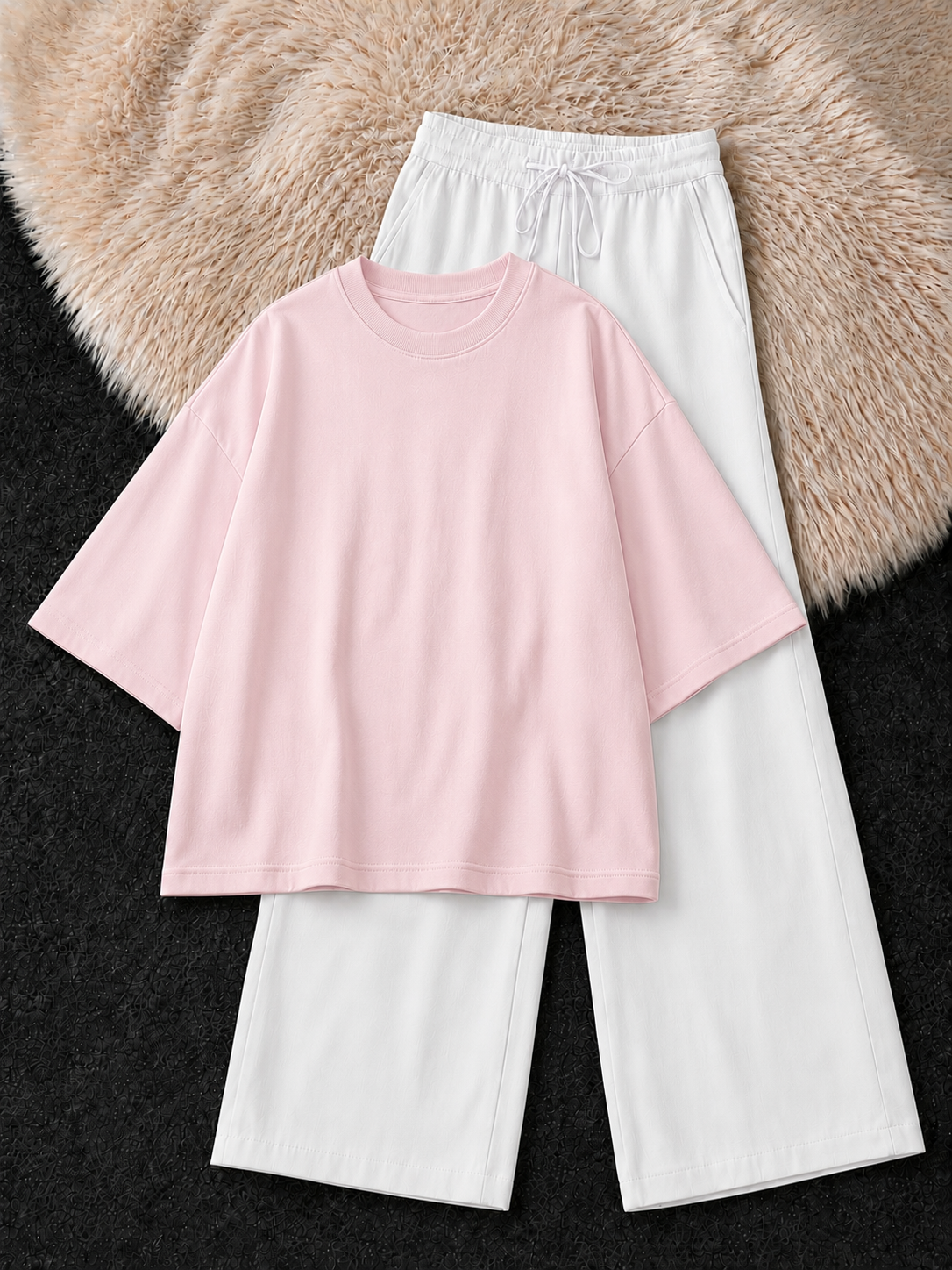 BABY PINK DROP SHOULDER T-SHIRT & WHITE FLAPPER TROUSER