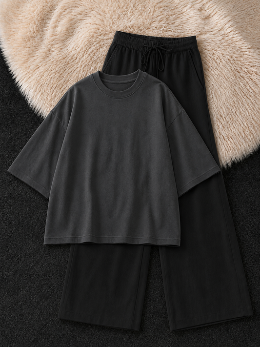 CHARCOAL GREY DROP SHOULDER T-SHIRT & BLACK FLAPPER TROUSER