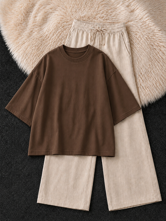 BROWN DROP SHOULDER T-SHIRT & BEIGE FLAPPER TROUSER