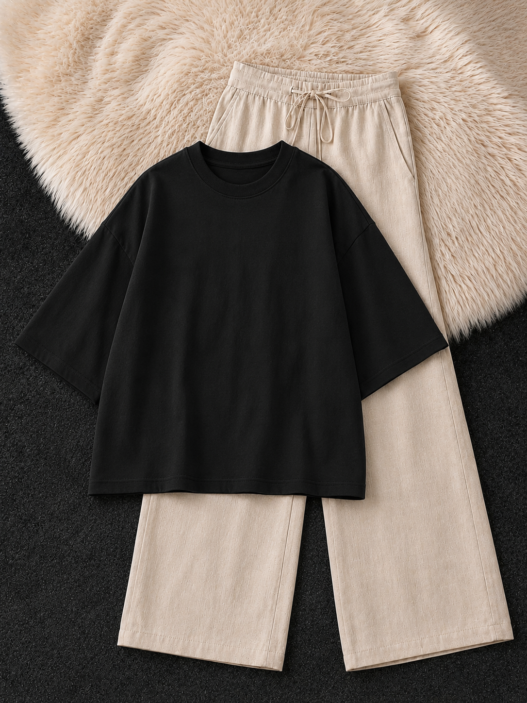 BLACK DROP SHOULDER T-SHIRT & BEIGE FLAPPER TROUSER